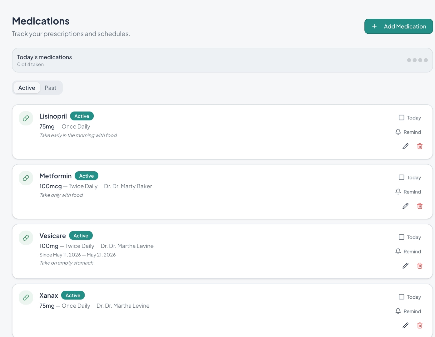 Medications page showing active prescriptions with dosage, schedule, prescribing doctor, notes, and daily check-off